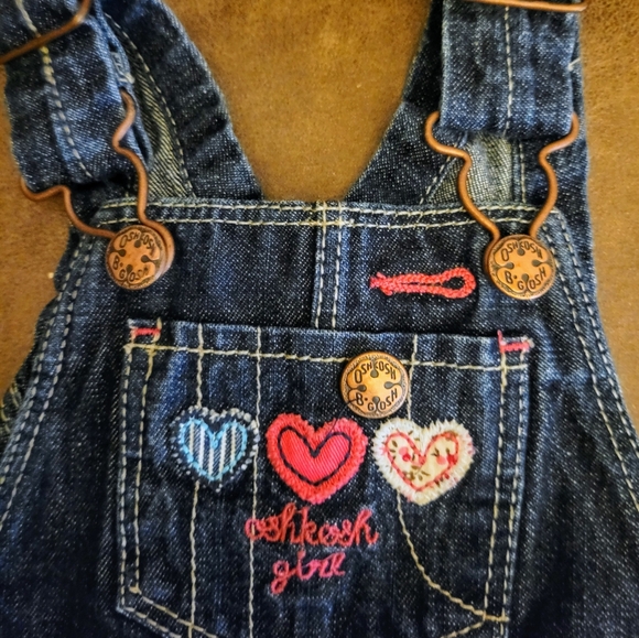 OshKosh B’gosh Girl Embroidery Denium Blue Overalls Hearts Country Farm 6 Months - Picture 6 of 13